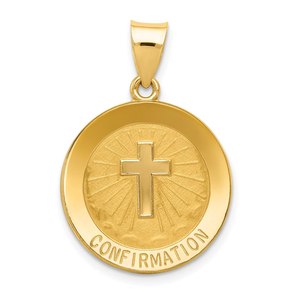 14k Polished and Satin Hollow CONFIRMATION with Cross Medal Round Pendant, 27 x 19 mm