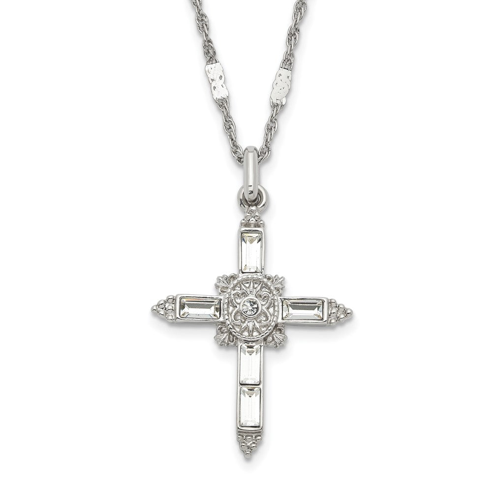 Symbols of Faith Silver-tone Ornate Center with Clear Crystal Accent and Baguette-cut Crystals Cross 18 inch Necklace, 18 x 25.5 mm