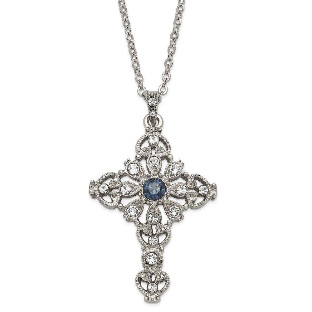 Silver-tone Blue & Clear Crystal 16in w/3in ext Cross Necklace, 16 mm