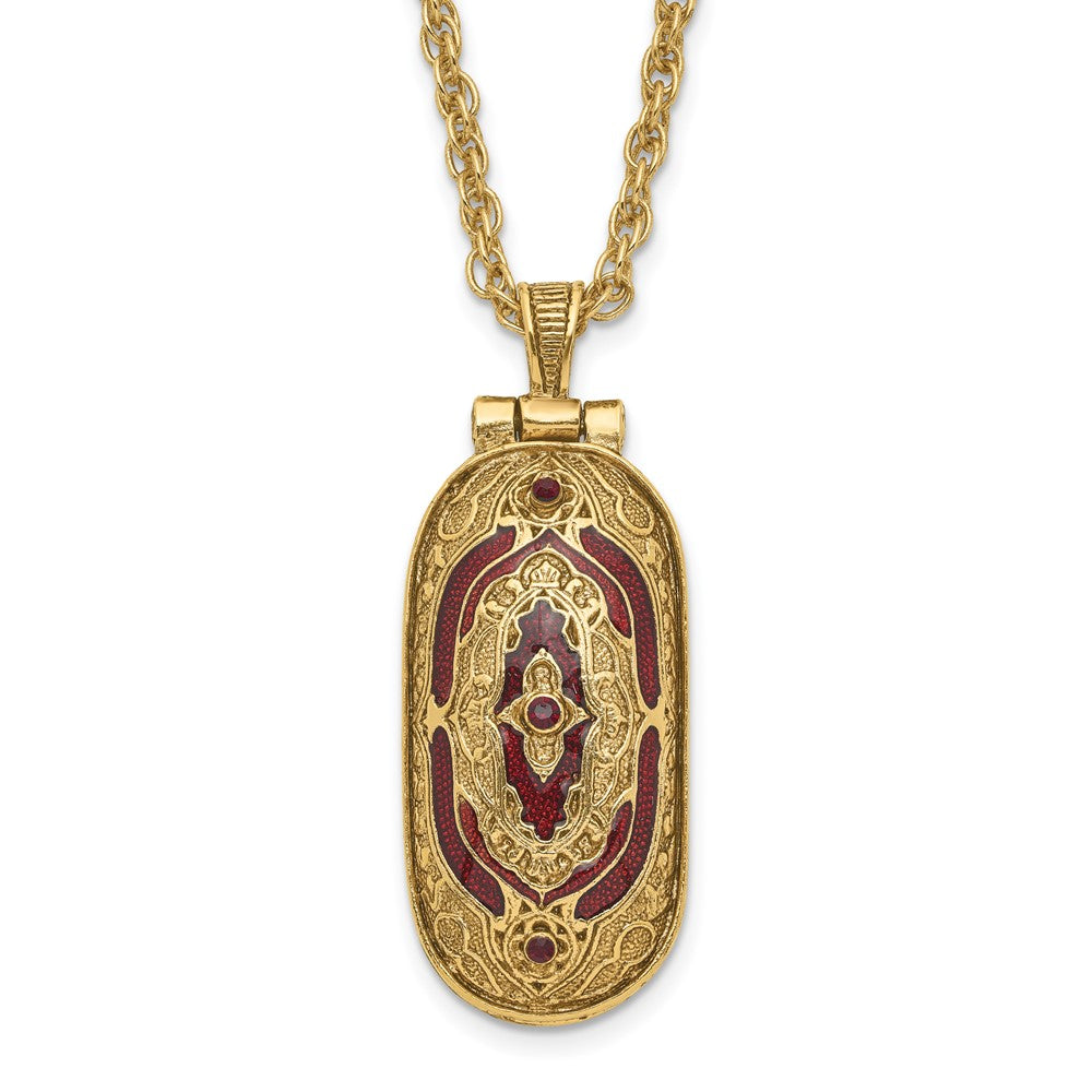 Symbols of Faith Gold-tone Filigree Red Enameled with Red Swarovski Crystal Accent Hidden Cross when Opened 30 inch Necklace, 30 mm