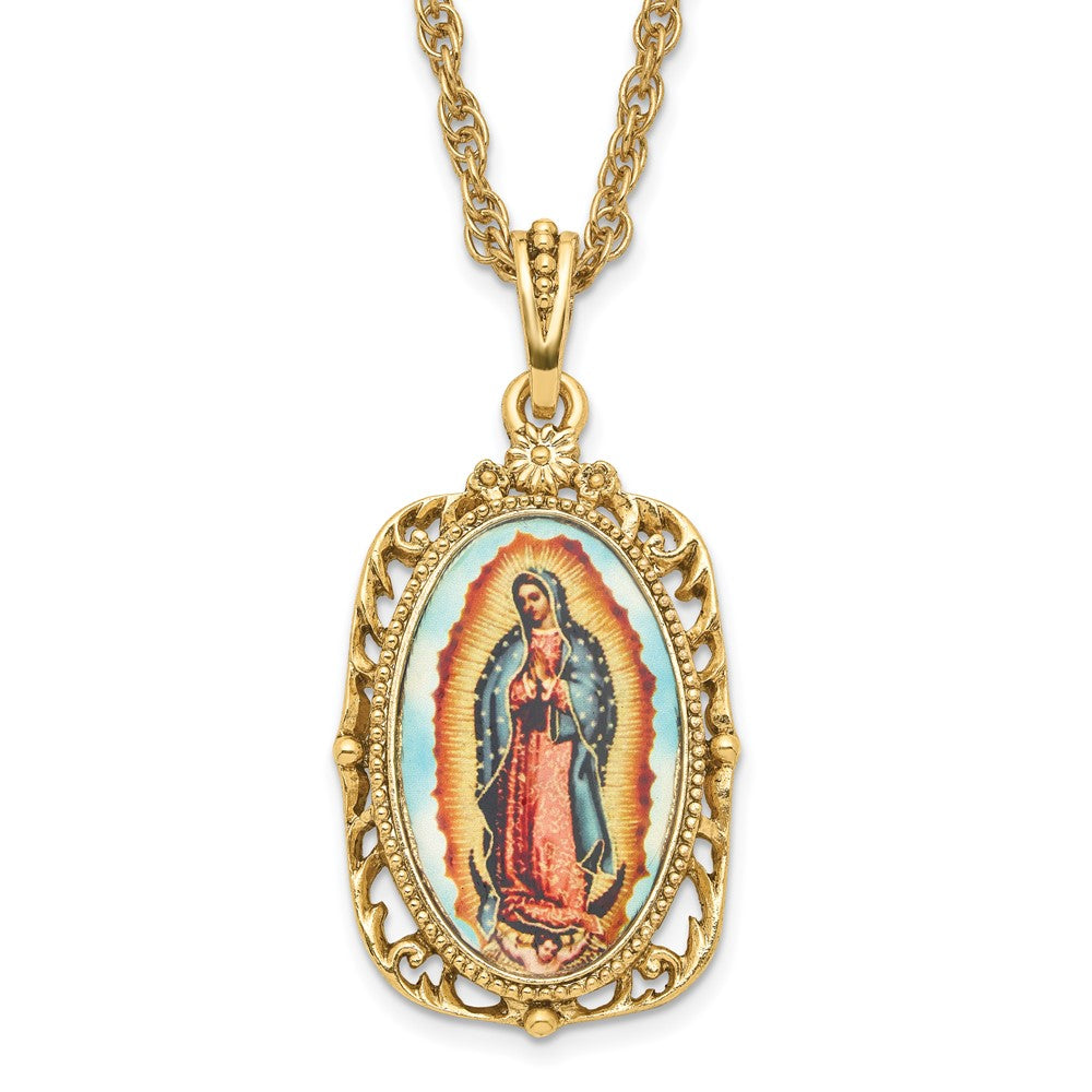 Symbols of Faith Gold-tone Enameled Our Lady of Guadalupe 24 inch Necklace, 24 x 25.5 mm