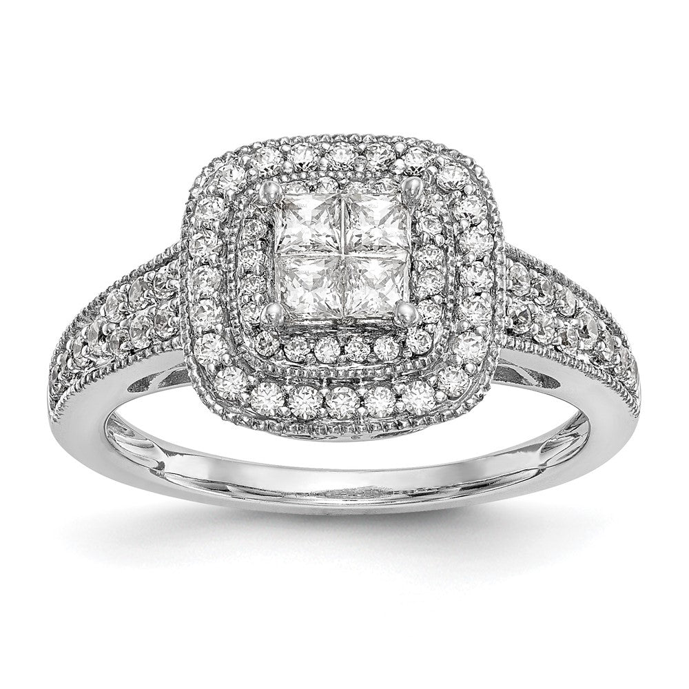 14K White Gold Square Halo Cluster 5/8 carat Princess/Round Diamond Complete Engagement Ring, 0.678 ct, Size 7