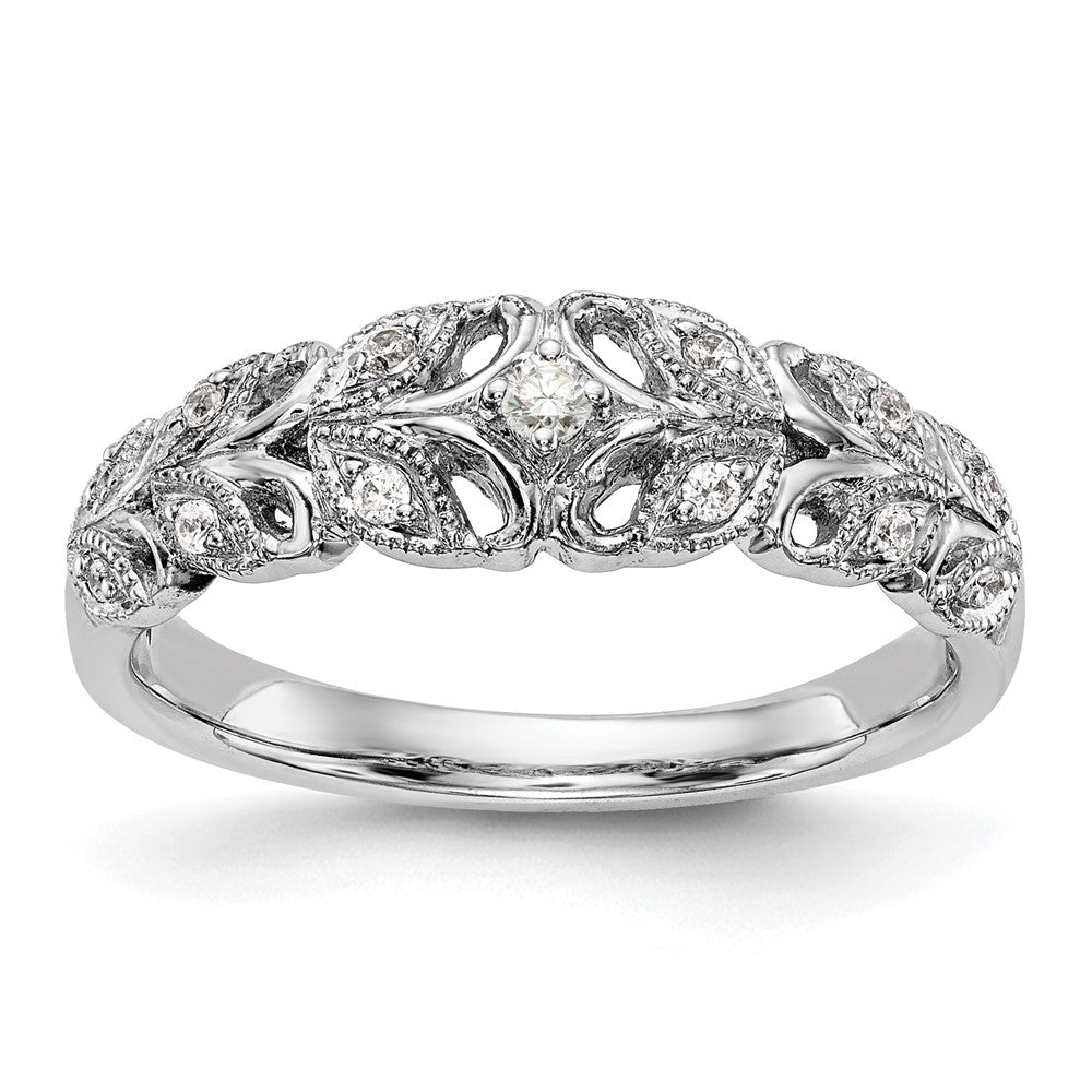 14K White Gold Leaf Design 1/10 carat Complete Diamond Band, 0.103 ct, Size 7