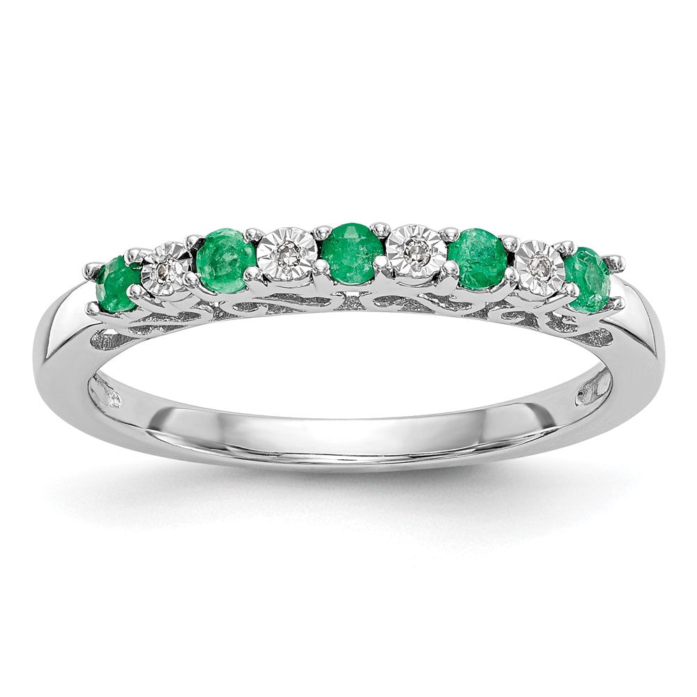 14k White Gold .01 carat Diamond and Emerald Complete Band, 0.212 ct, Size 7