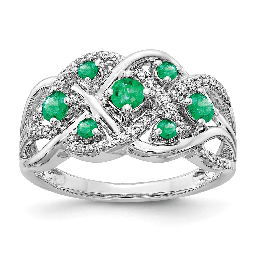 14k White Gold Emerald and 1/5 carat Diamond Fancy Woven Ring, 0.69 ct, Size 7