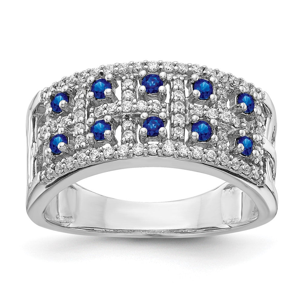 14k White Gold Two-Row Blue Sapphire and 1/3 carat Diamond Fancy Ring, 0.943 ct, Size 7