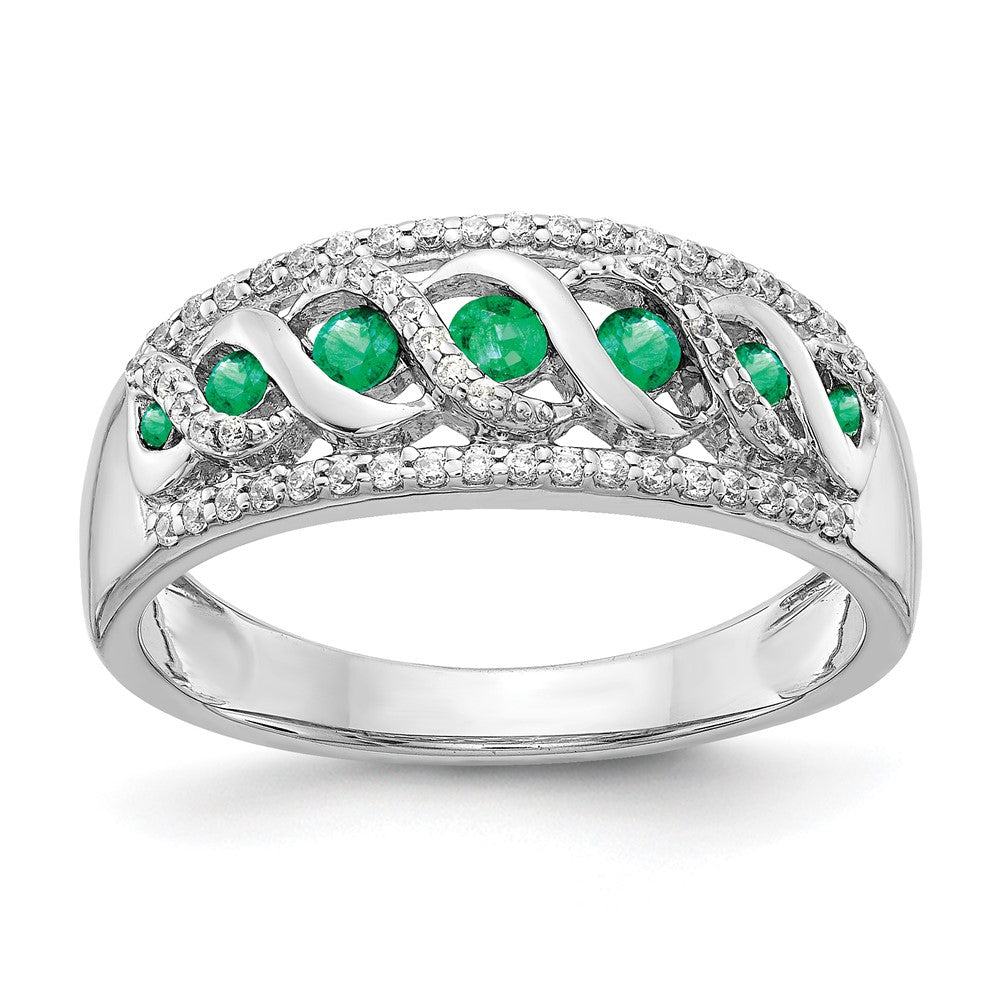 14k White Gold Graduated Emerald and 1/5 carat Diamond Fancy Twist Ring, 0.464 ct, Size 7