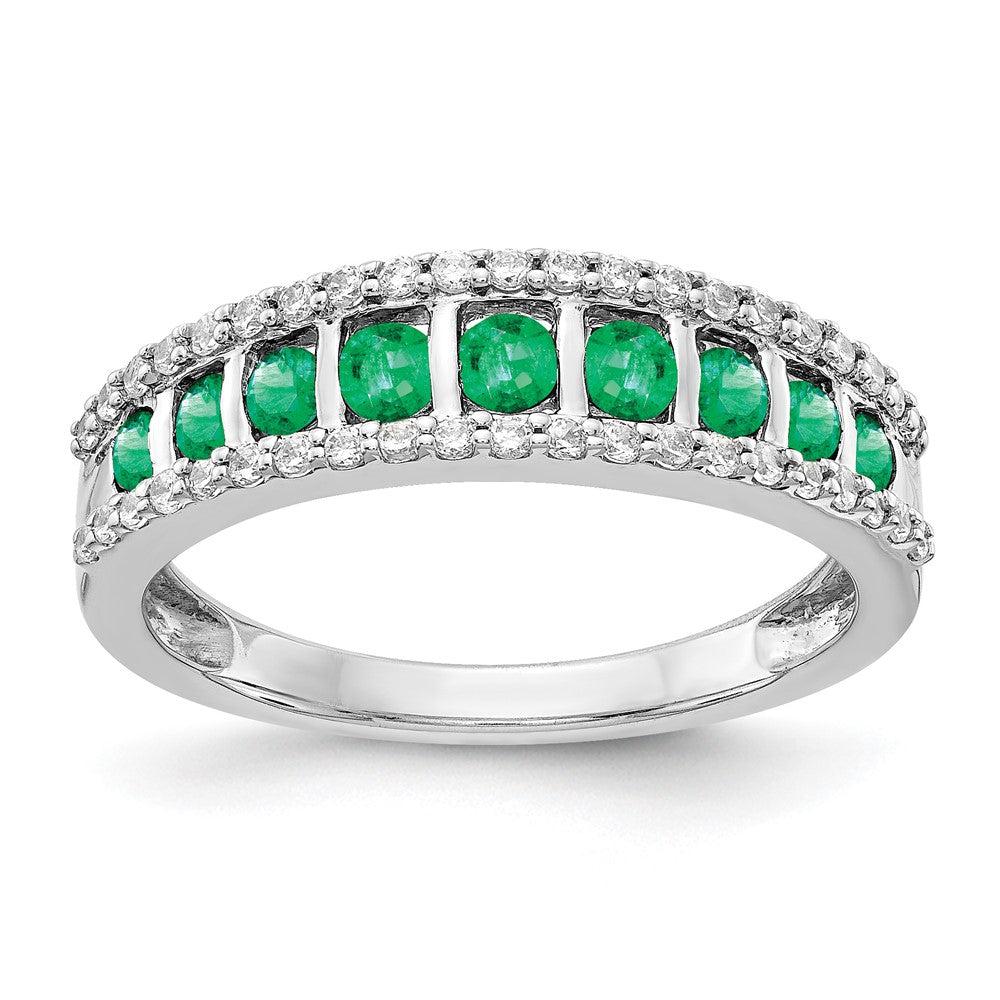 14k White Gold Graduated Channel-set Emerald and 1/4 carat Diamond Fancy Ring, 0.772 ct, Size 7