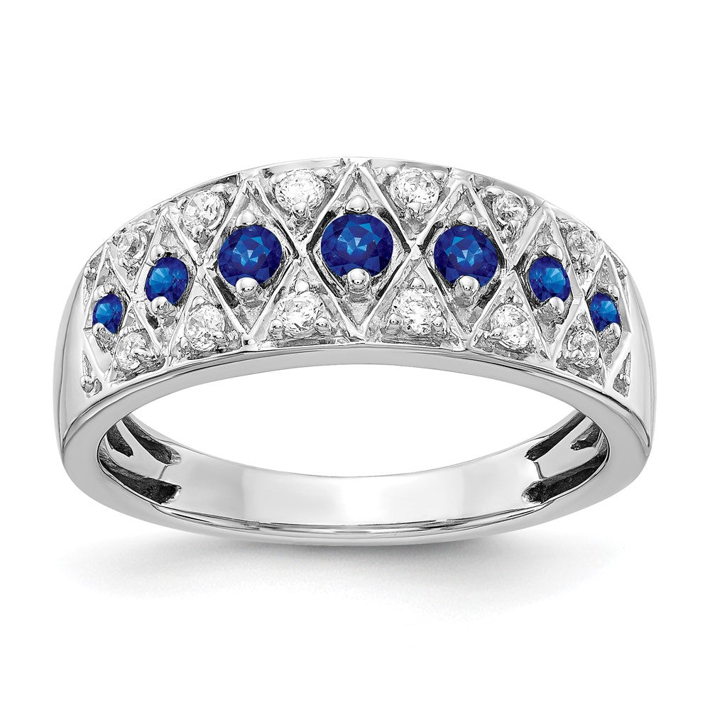 14k White Gold Graduated Blue Sapphire and 1/5 carat Diamond Fancy Ring, 0.8 ct, Size 7, 2.65 mm