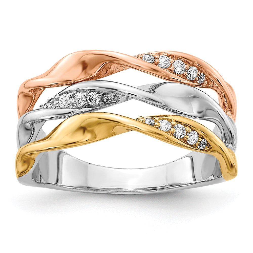 14k Tri-color 1/6 carat Diamond Fancy Triple-Strand Twist Ring, 0.162 ct, Size 7