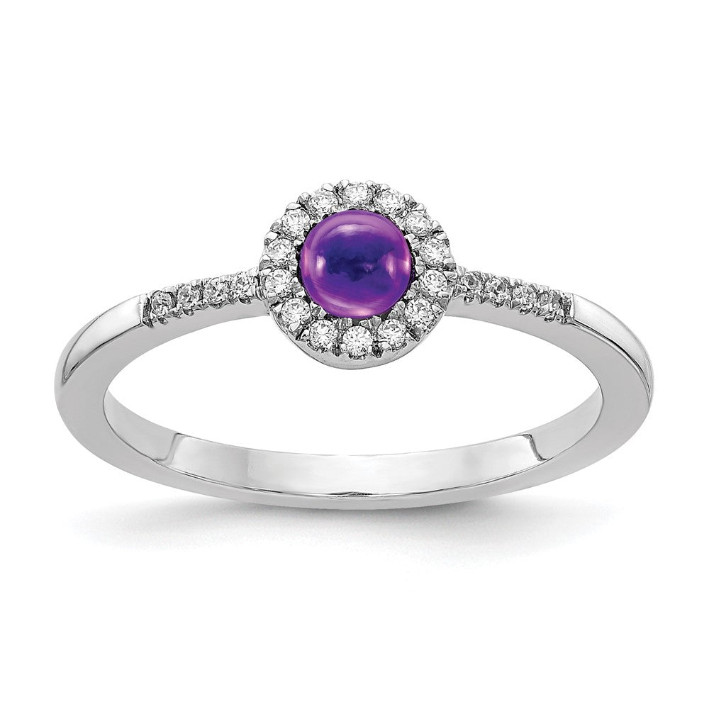 14k White Gold 1/10 carat Diamond and 3.7mm Round Cabochon Amethyst Halo Ring, 0.637 ct