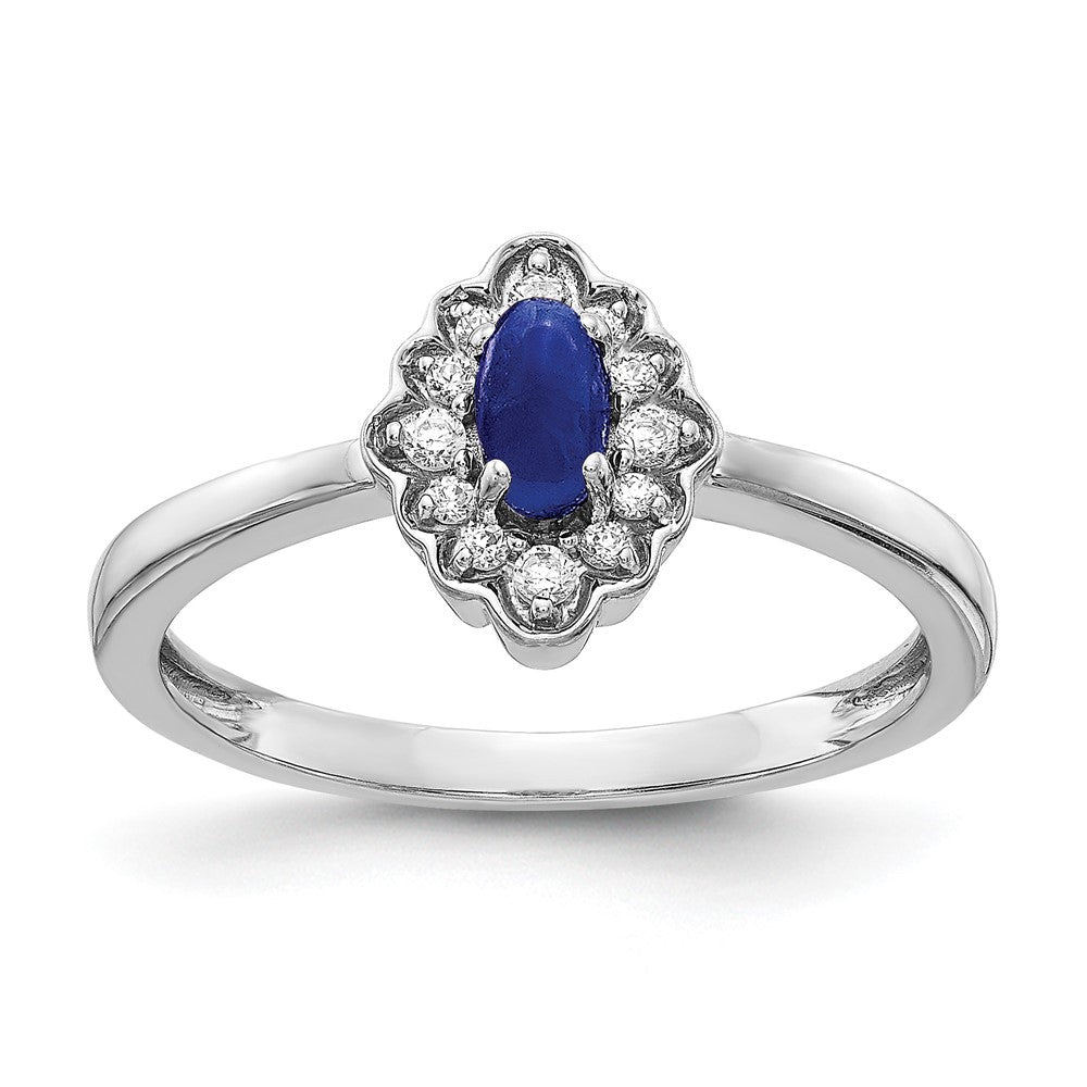 14k White Gold 1/10 carat Diamond and 5x3mm Oval Cabochon Blue Sapphire Halo Ring, 0.446 ct, Size 7