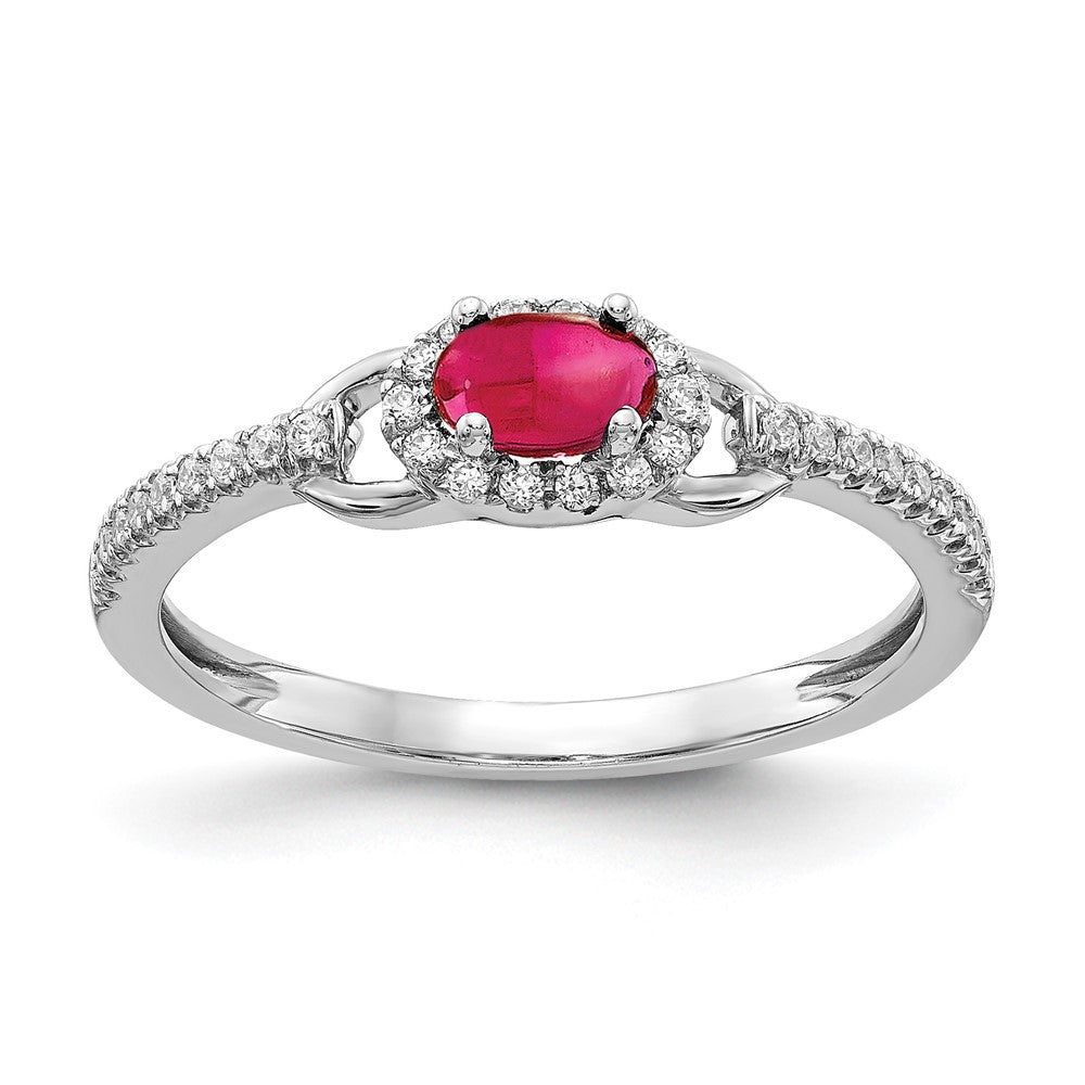 14k White Gold 1/6 carat Diamond and 5x3mm Oval Cabochon Ruby East-West Halo Ring, 0.57 ct, Size 7