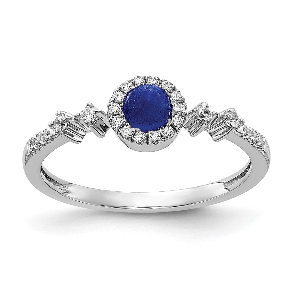 14k White Gold 1/8 carat Diamond and 4mm Round Cabochon Blue Sapphire Halo Ring, 1.17 ct, Size 7
