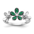 14k White Gold 1/10 carat Diamond and Emerald Flower Ring, 1.255 ct, Size 7