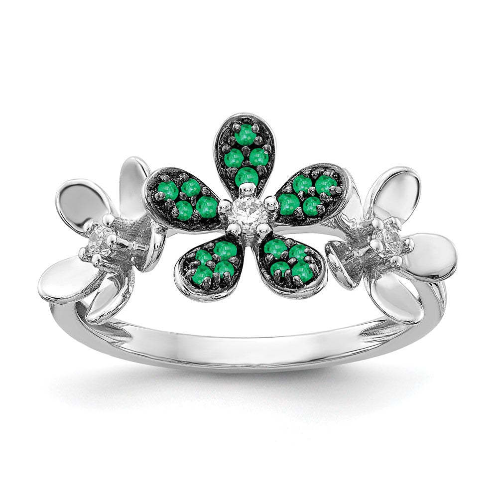 14k White Gold 1/10 carat Diamond and Emerald Flower Ring, 1.255 ct, Size 7