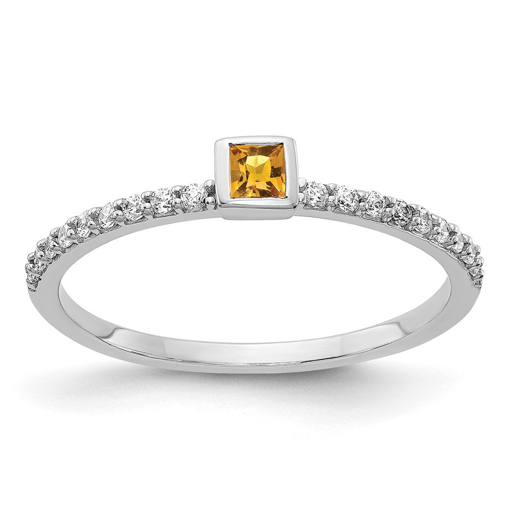 14k White Gold 1/6 carat Diamond and 2.5mm Princess-cut Citrine Ring, 0.264 ct, Size 7