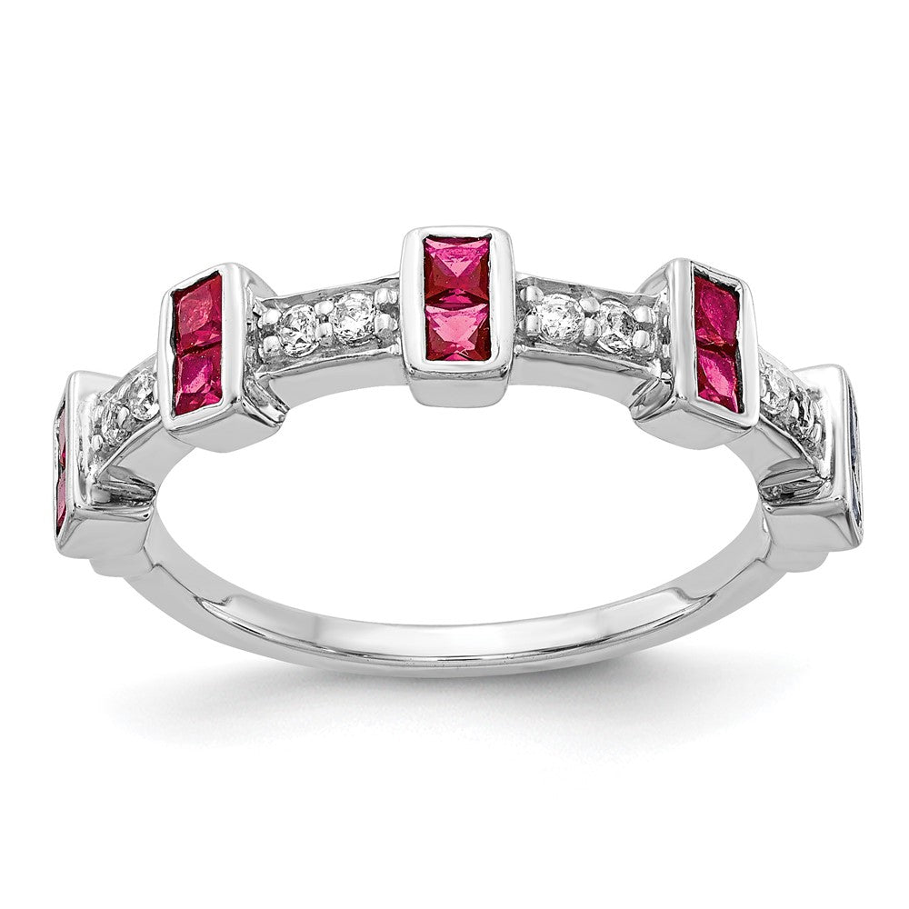 14k White Gold 1/6 carat Diamond and Ruby Fancy Ring, 1.15 ct, Size 7