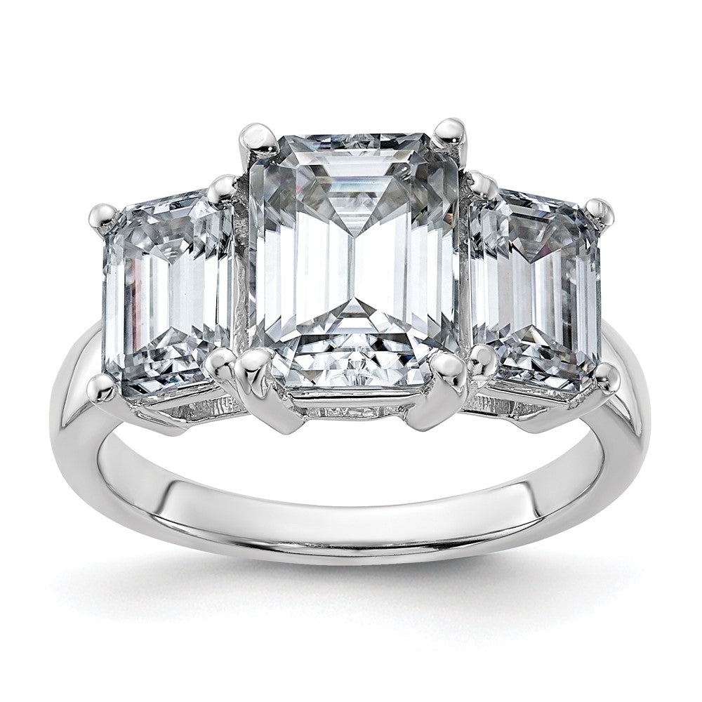 14kw 4 3/4ct. Three Stone G H I True Light Emerald-cut Moissanite Ring, 8.89 ct, Size 7, 3 mm