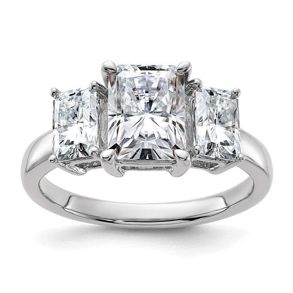 14kw 3 1/5ct. Three Stone G H I True Light Octagon Moissanite Ring, 6.09 ct, Size 7, 2.5 mm