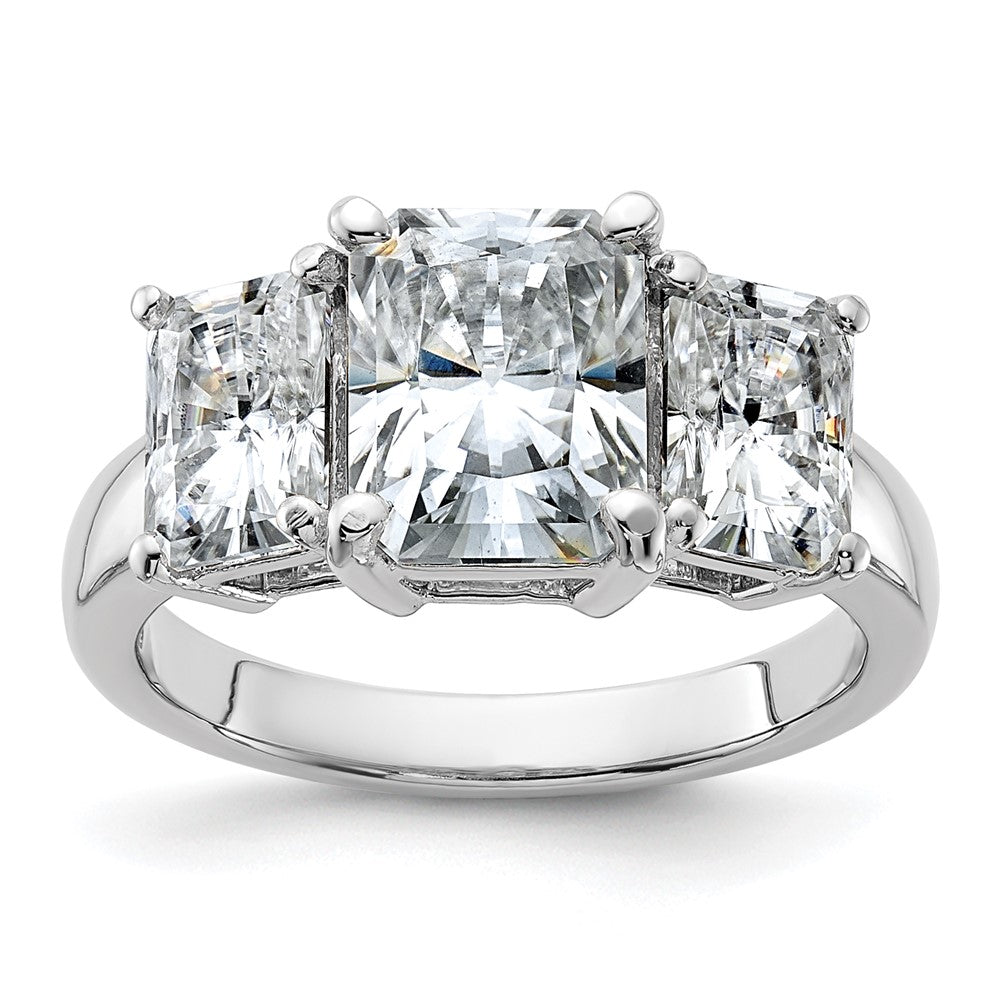 14kw 5 1/3ct. Three Stone D E F Pure Light Octagon Moissanite Ring, 9.81 ct, Size 7, 2.9 mm