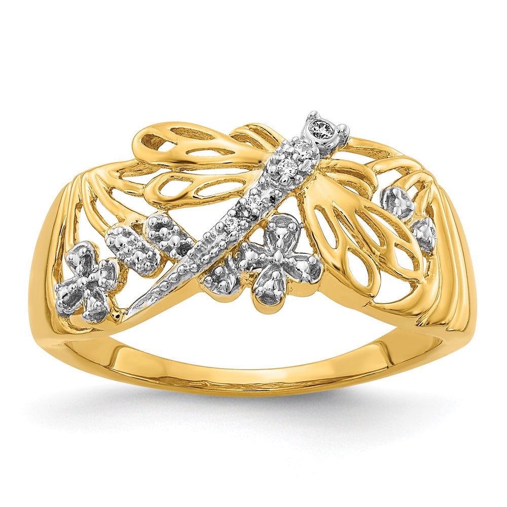 14k and White Rhodium Diamond Dragonfly Ring, 0.02 ct, Size 7