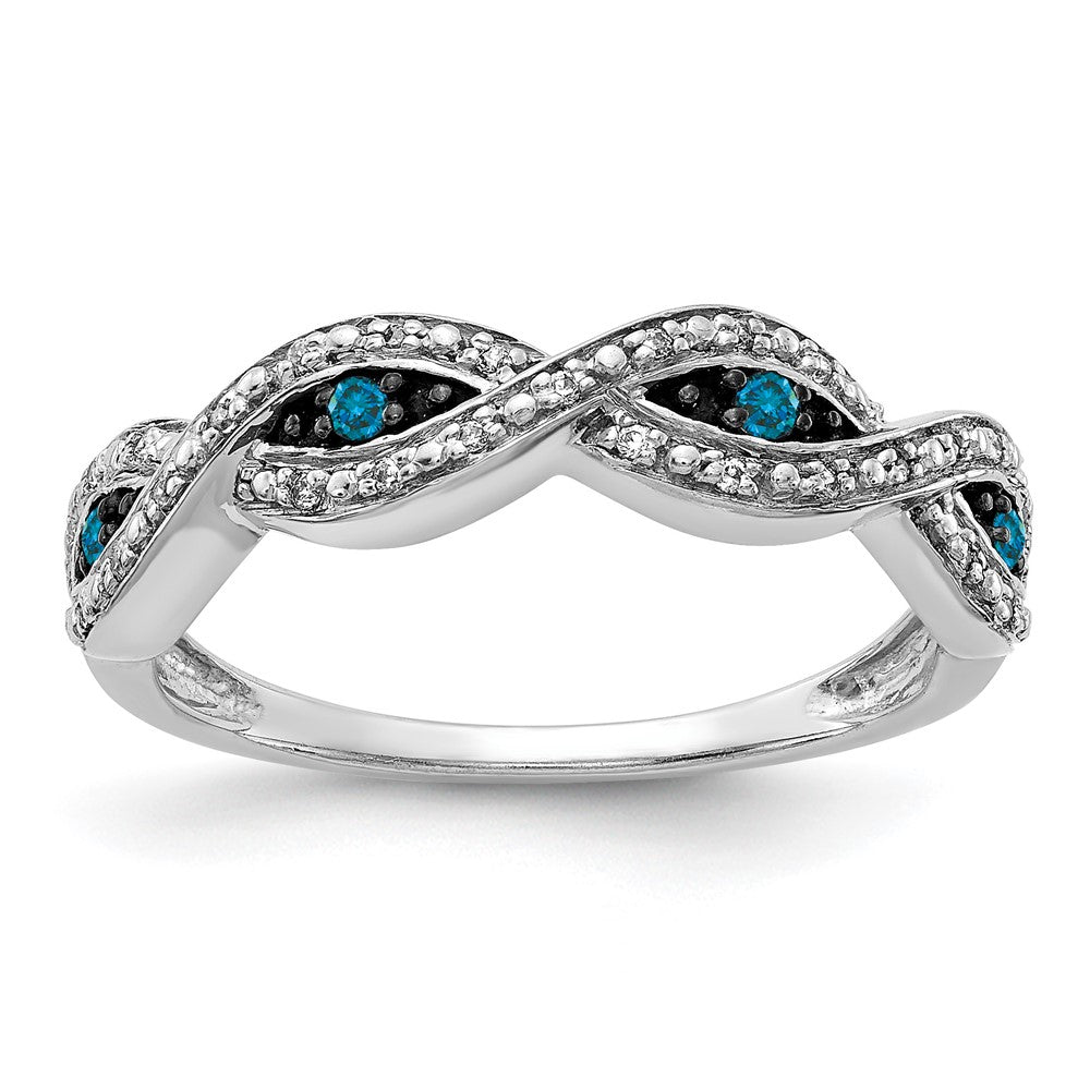 14k White Gold 1/6 carat White and Blue Diamond Twist Ring, 0.155 ct, Size 7