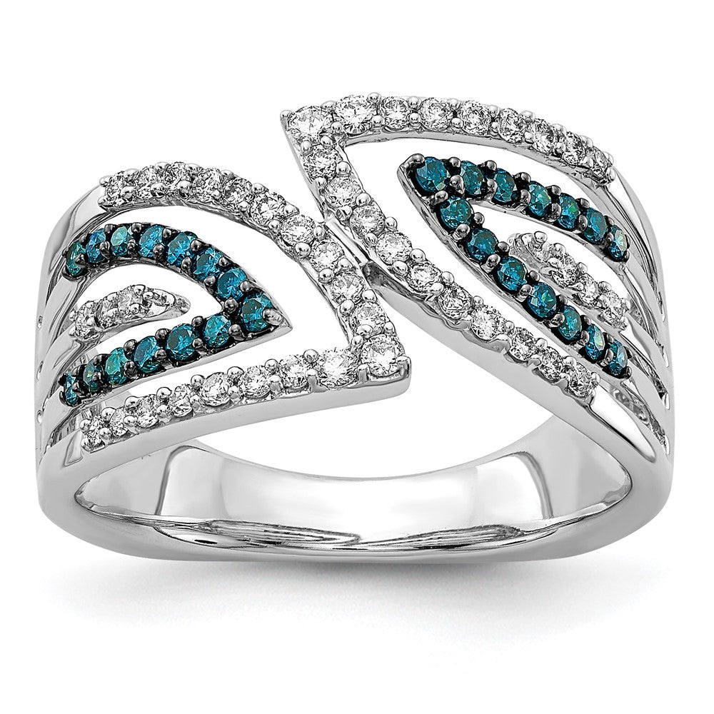 14k White Gold 1/2 carat Blue and White Diamond Fancy Bypass Ring, 0.49 ct, Size 6.75