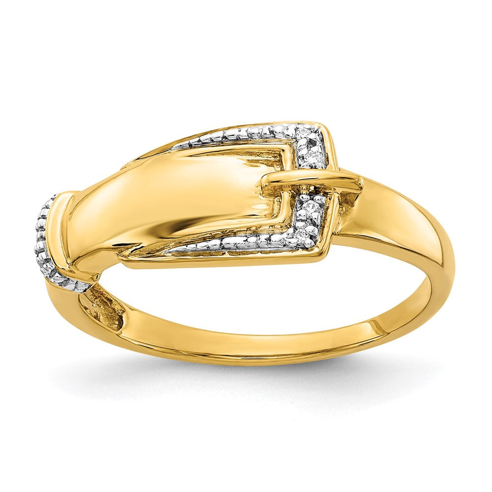 14k and White Rhodium Diamond Buckle Ring, 0.013 ct, Size 7