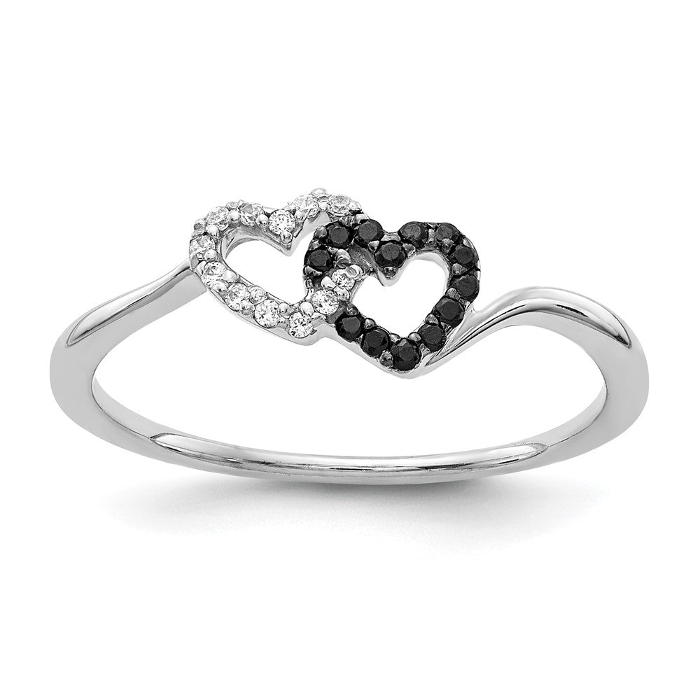 14k White Gold 1/10 carat Black and White Diamond Double Heart Ring, 0.113 ct, Size 6