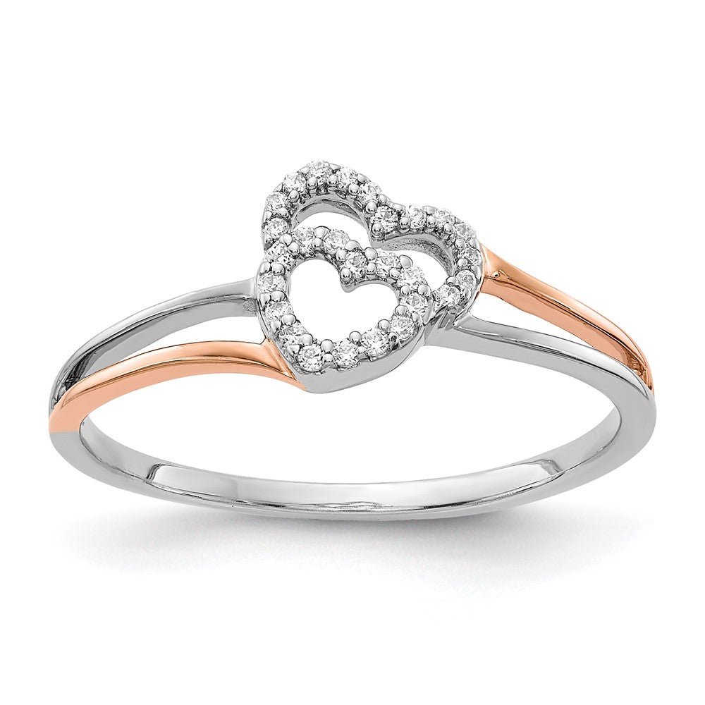 14k White and Rose Gold 1/10 carat Diamond Polished Double Heart Ring, 0.1 ct, Size 7