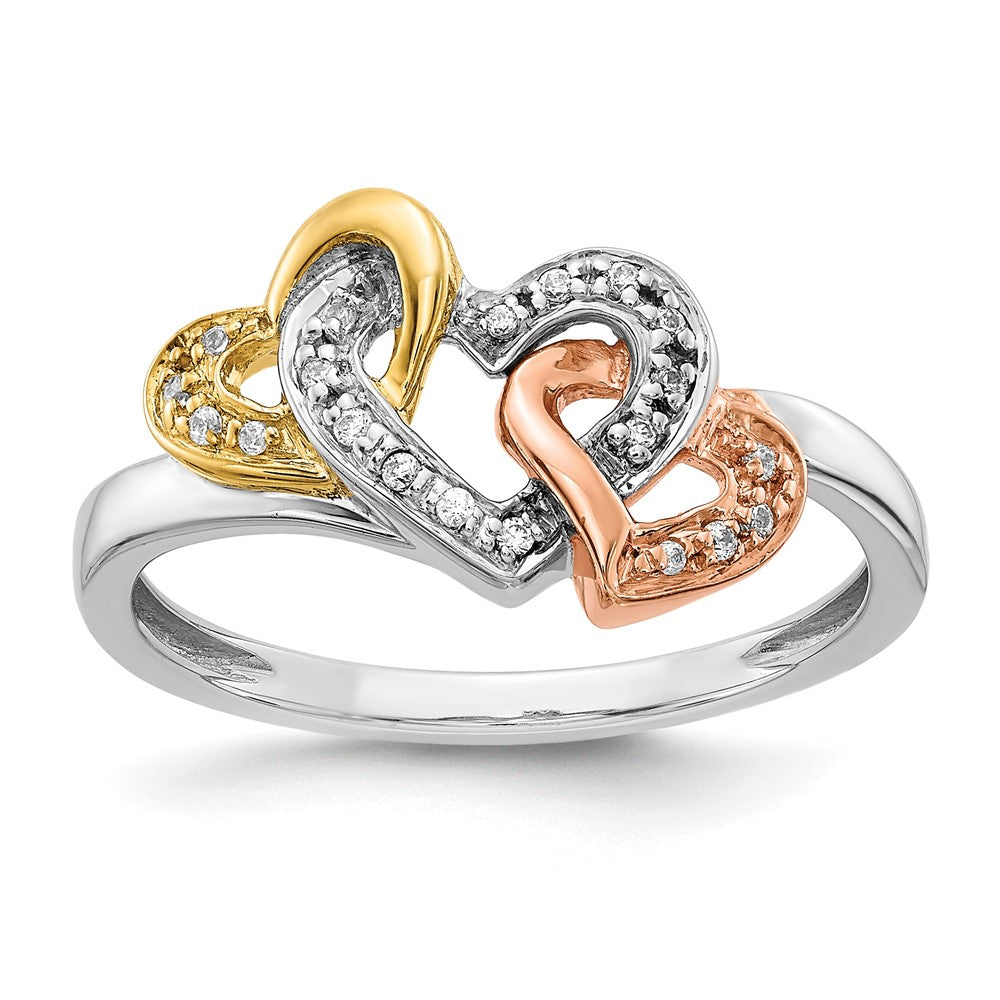 14k Tri-color 1/15 carat Diamond Triple Heart Ring, 0.075 ct, Size 7