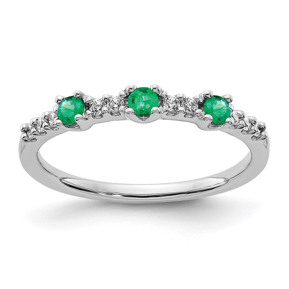 14k White Gold 1/10 carat Diamond and Emerald 3-Stone Ring, 0.243 ct, Size 7
