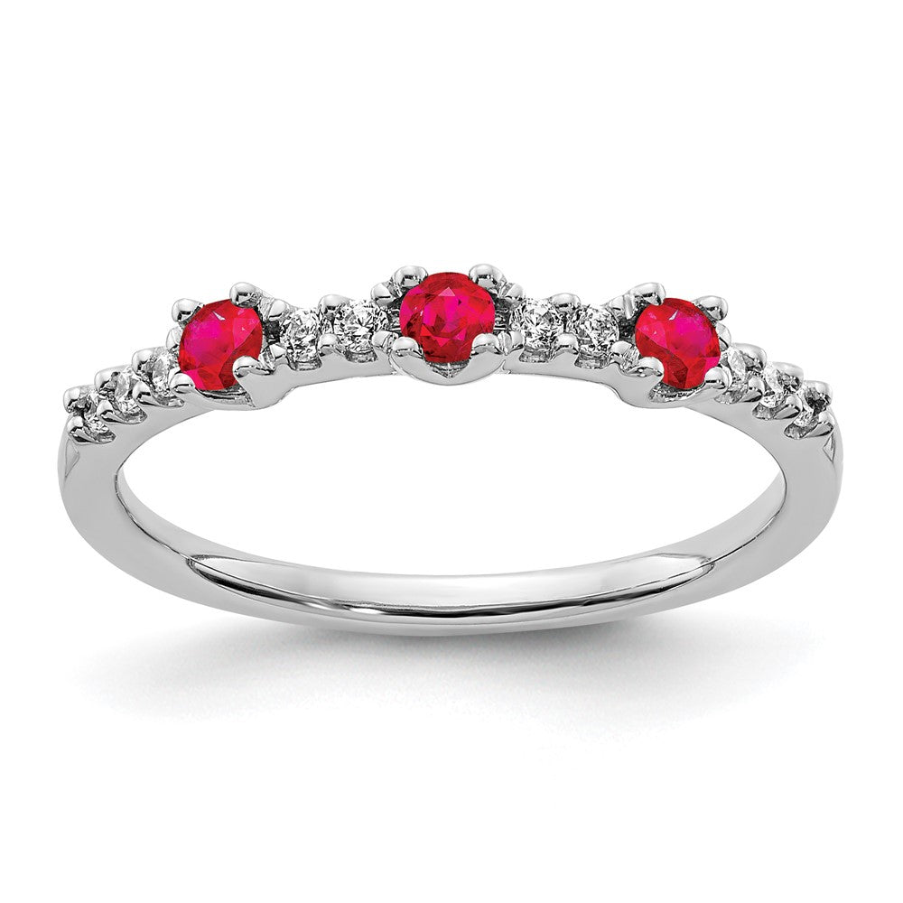 14k White Gold 1/10 carat Diamond and Ruby 3-Stone Ring, 0.417 ct, Size 7