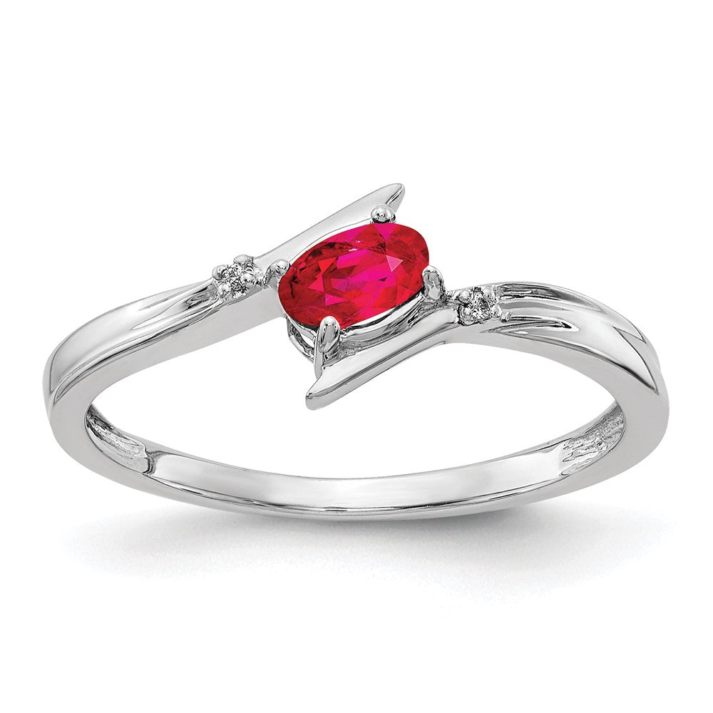 14k White Gold Polished 5x3mm Oval Ruby and Diamond Bypass Ring, 0.329 ct, Size 7
