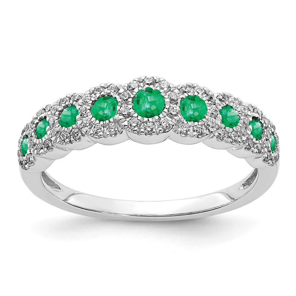 14k White Gold Polished 1/4 carat Diamond and Graduated Emerald Ring, 0.545 ct, Size 7