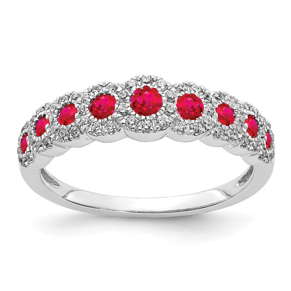 14k White Gold Polished 1/4 carat Diamond and Graduated Ruby Ring, 0.73 ct, Size 7