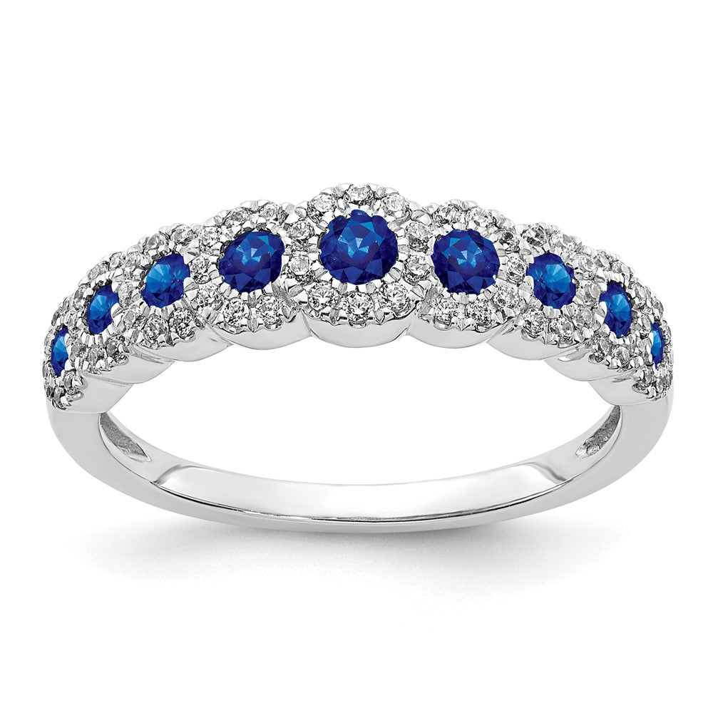 14k White Gold Polished 1/4 carat Diamond and Graduated Blue Sapphire Ring, 1.09 ct, Size 7