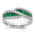 14k White Gold Baguette Emerald and 5/8 carat Diamond Bypass Ring, 1.267 ct, Size 7