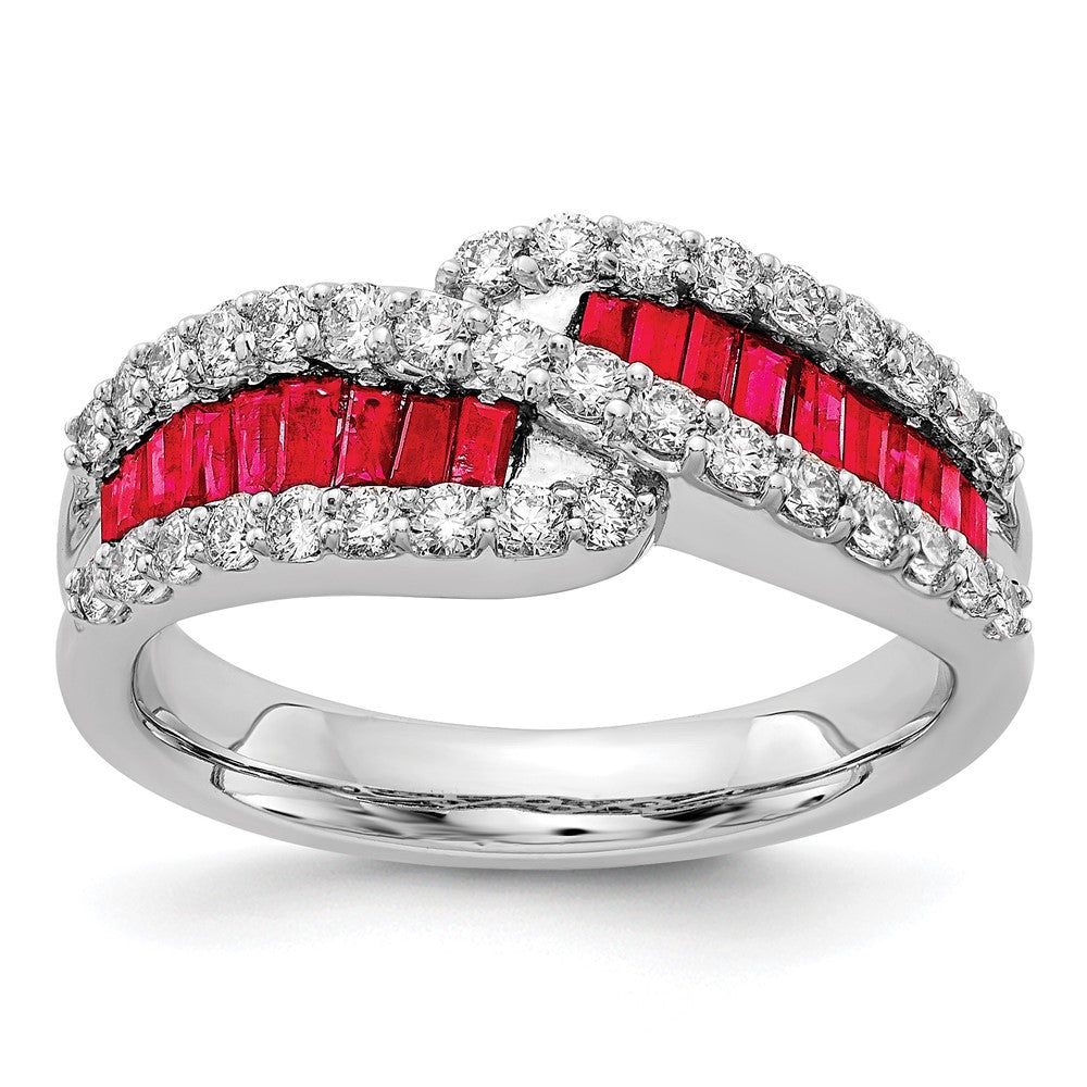 14k White Gold Baguette Ruby and 5/8 carat Diamond Bypass Ring, 1.234 ct, Size 7