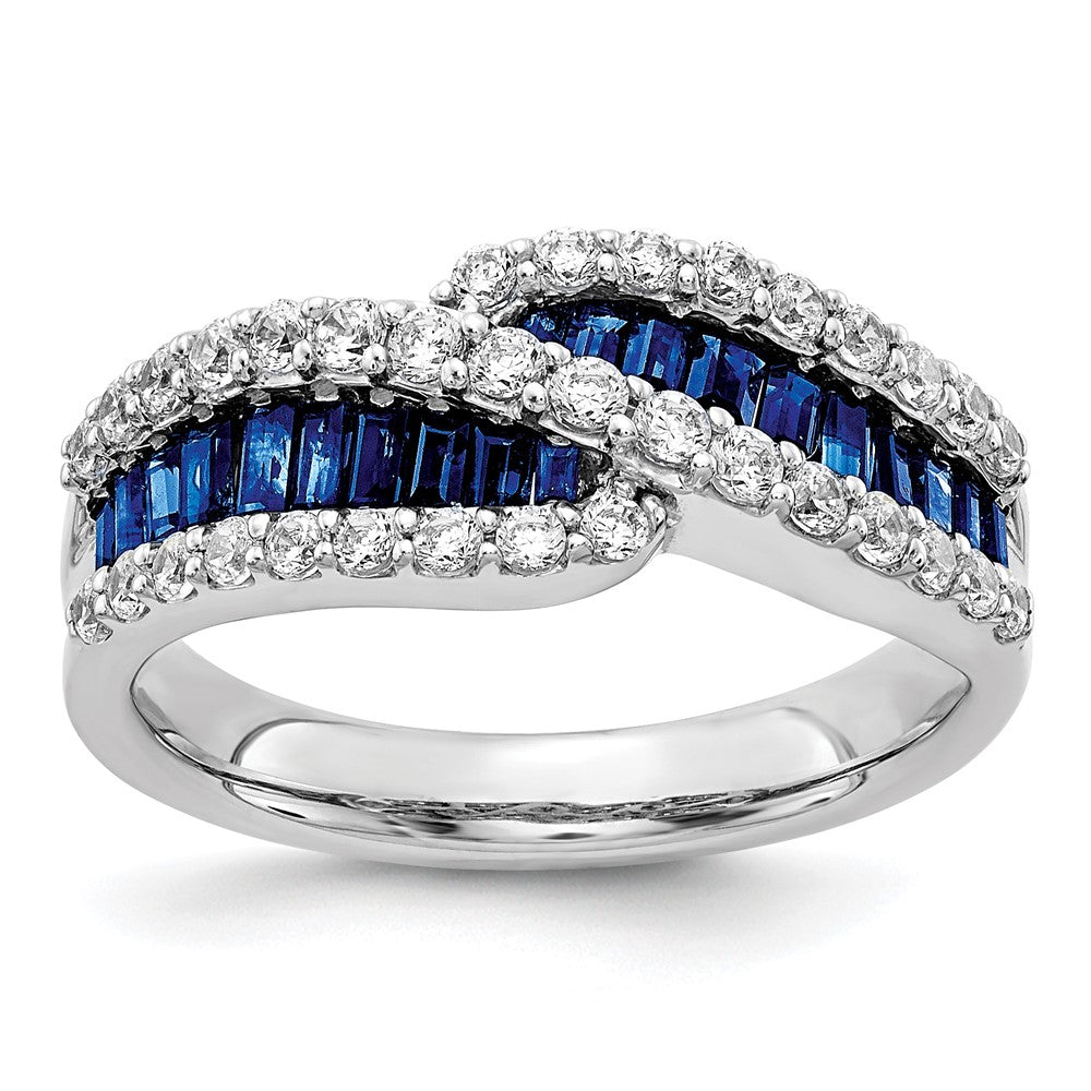 14k White Gold Baguette Blue Sapphire and 5/8 carat Diamond Bypass Ring, 1.669 ct, Size 7