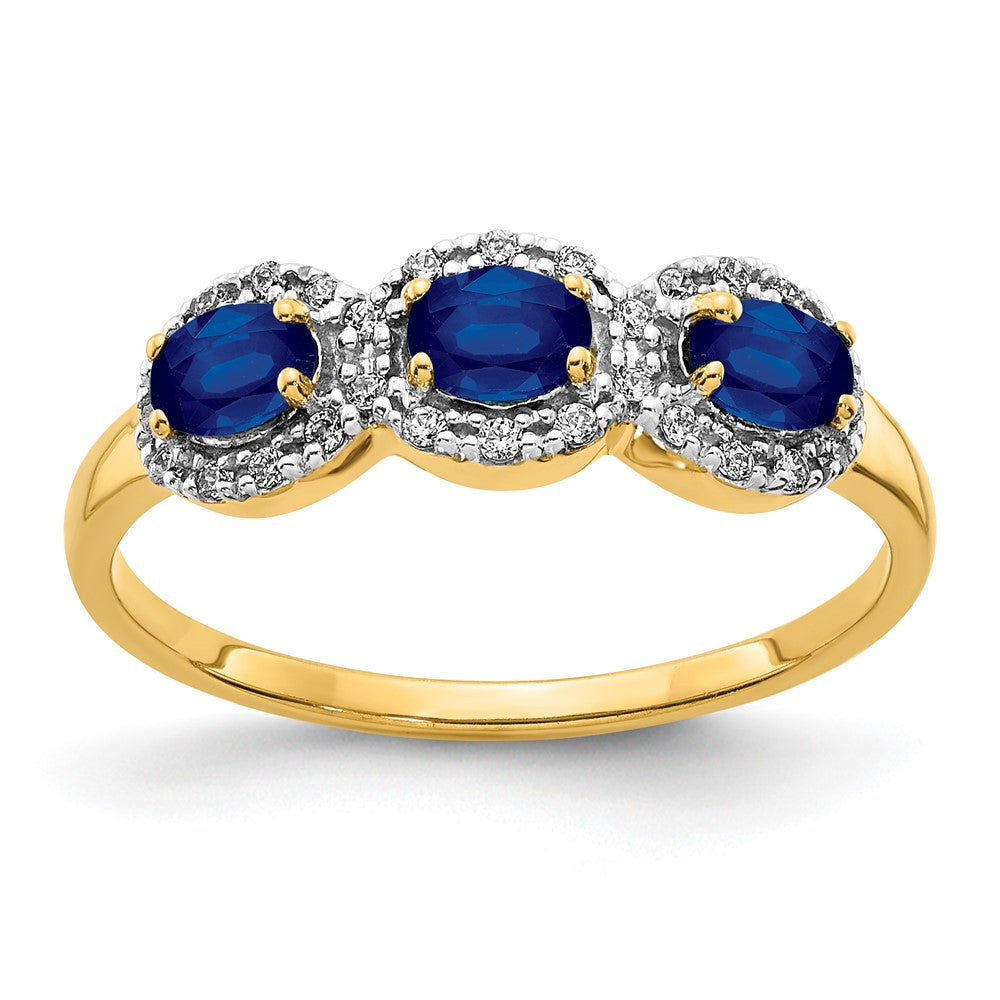 14k 4x3mm Oval Blue Sapphire and 1/8 carat Diamond 3-Stone Ring, 0.747 ct, Size 7
