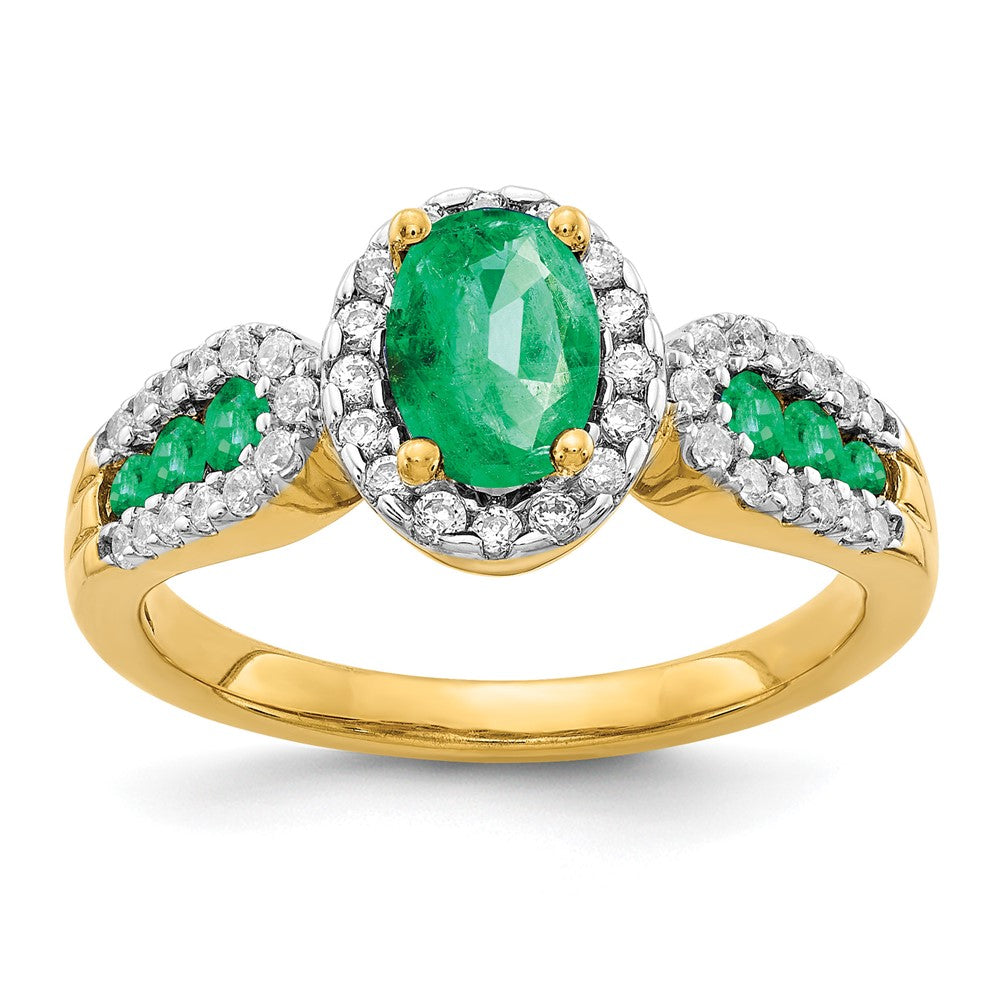 14k 7x5mm Oval Emerald and 1/3 carat Diamond Halo Ring, 1.286 ct, 2.65 mm