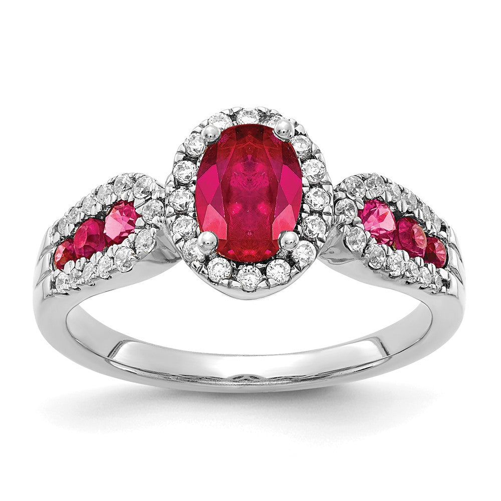 14k White Gold 7x5mm Oval Ruby and 1/3 carat Diamond Halo Ring, 1.534 ct, 2.65 mm