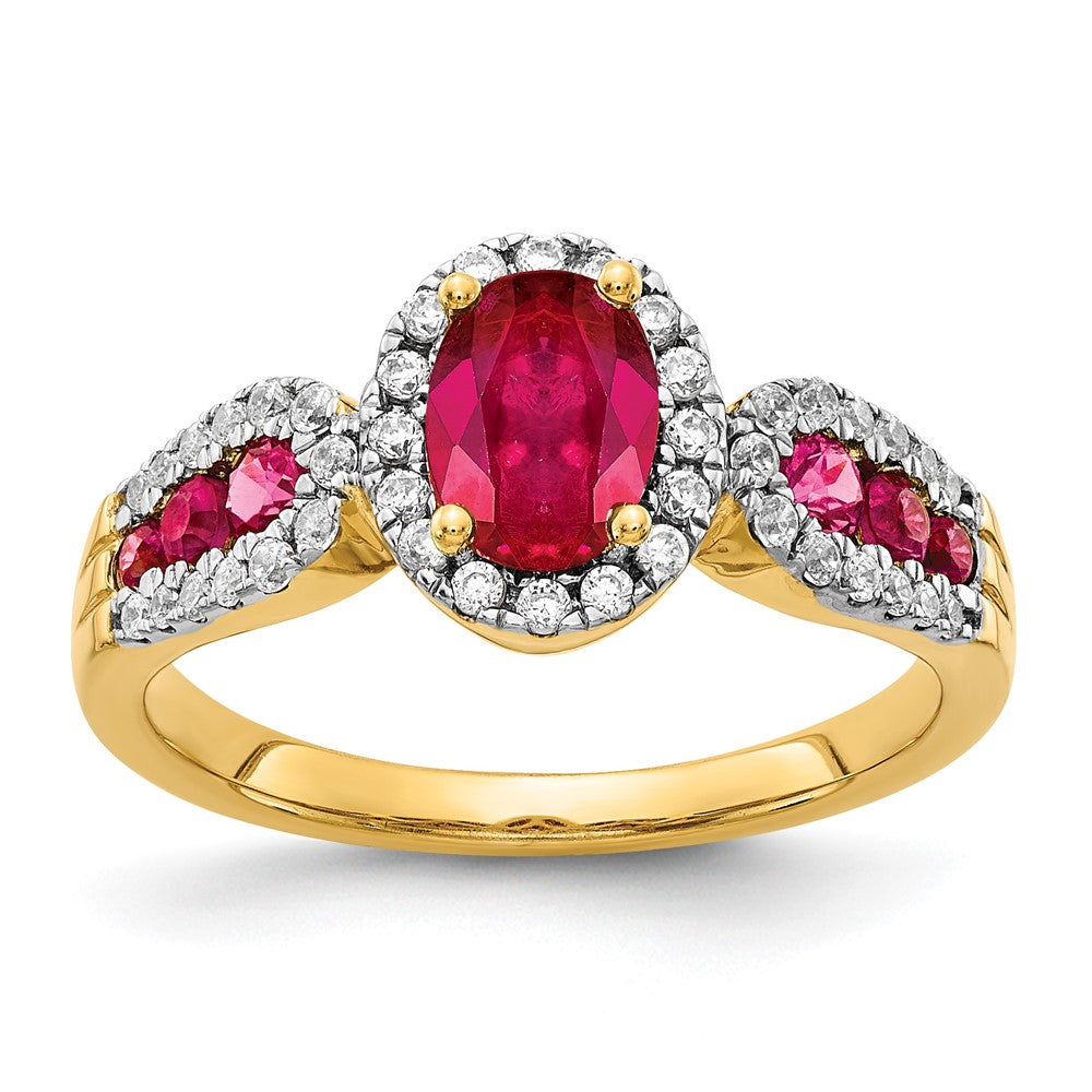 14k 7x5mm Oval Ruby and 1/3 carat Diamond Halo Ring, 1.534 ct, 2.65 mm