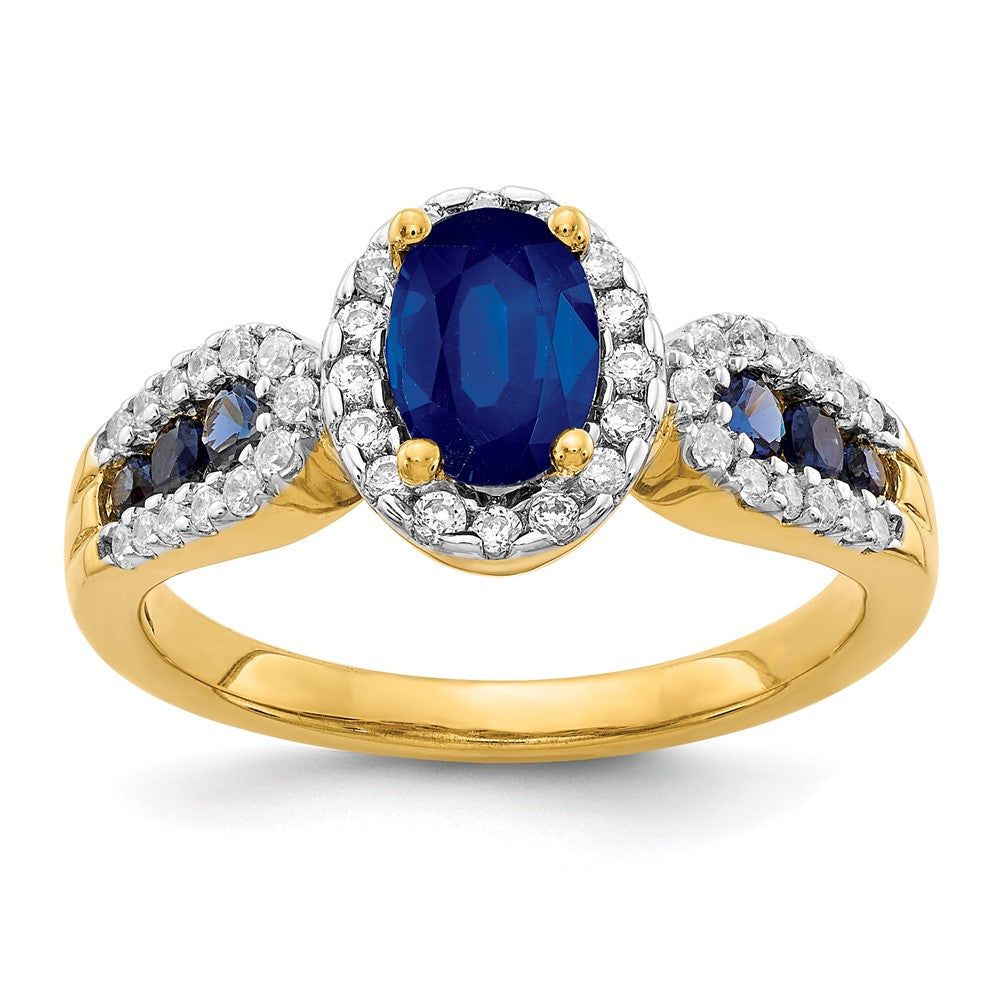 14k 7x5mm Oval Blue Sapphire and 1/3 carat Diamond Halo Ring, 1.68 ct, 2.65 mm