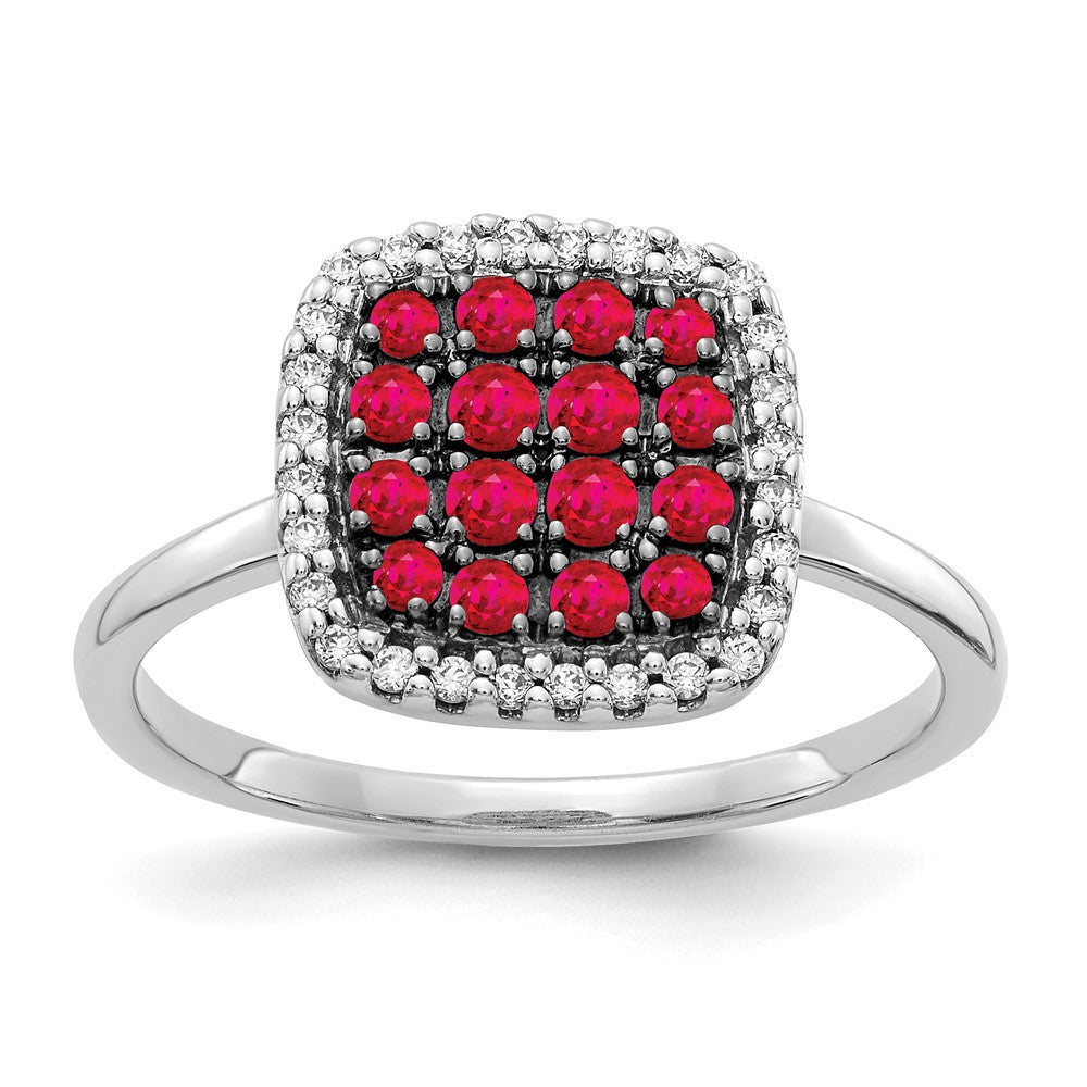 14k White Gold and Black Rhodium 1/6 carat Diamond and Ruby Square Cluster Ring, 0.605 ct, Size 7