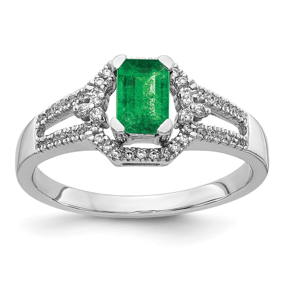 14k White Gold 1/6 carat Diamond and 5.8x4mm Emerald-cut Emerald Ring, 0.704 ct, Size 7