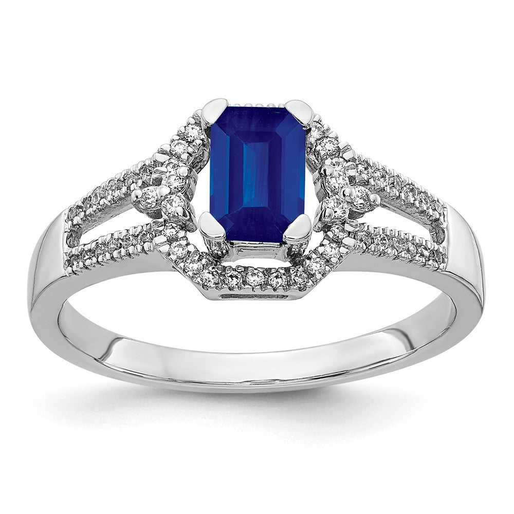 14k White Gold 1/6 carat Diamond and 5.8x4mm Emerald-cut Blue Sapphire Ring, 0.708 ct, Size 7