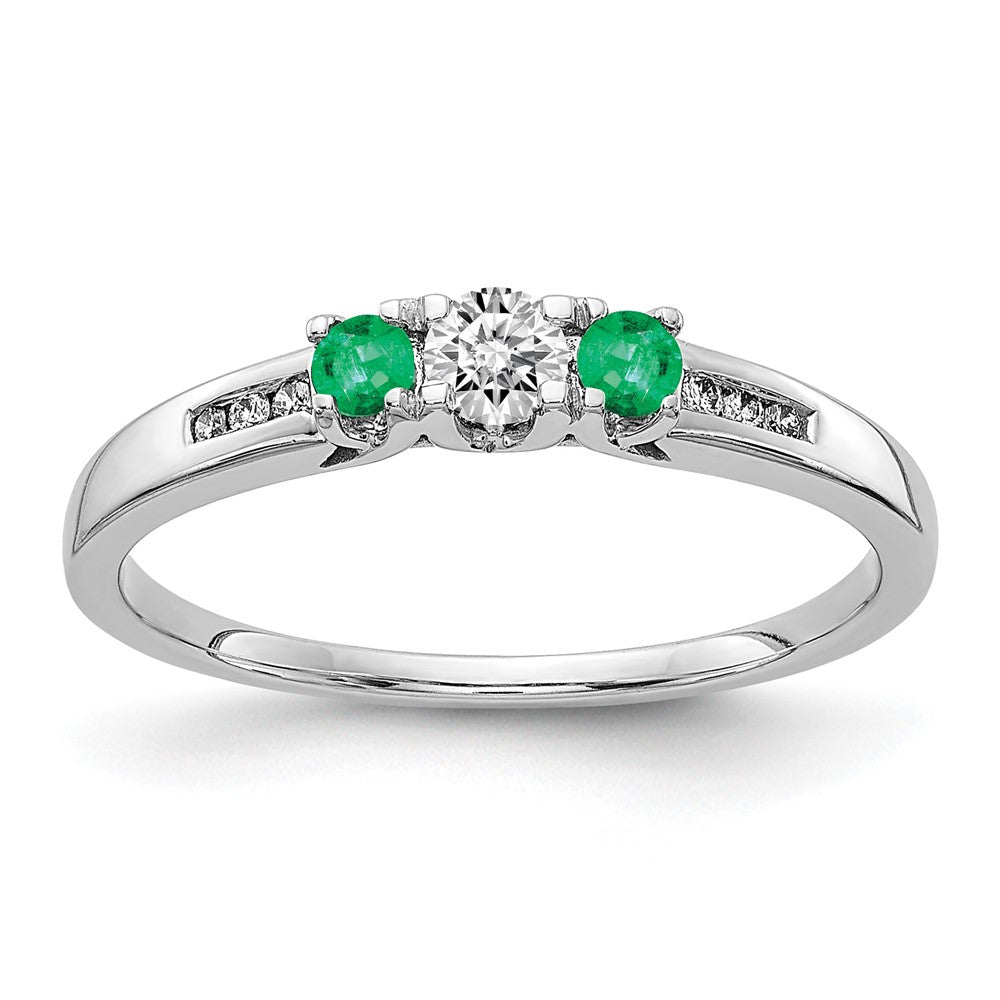 14k White Gold Emerald and 1/3 carat Diamond 3-Stone Ring, 0.326 ct, Size 6.75